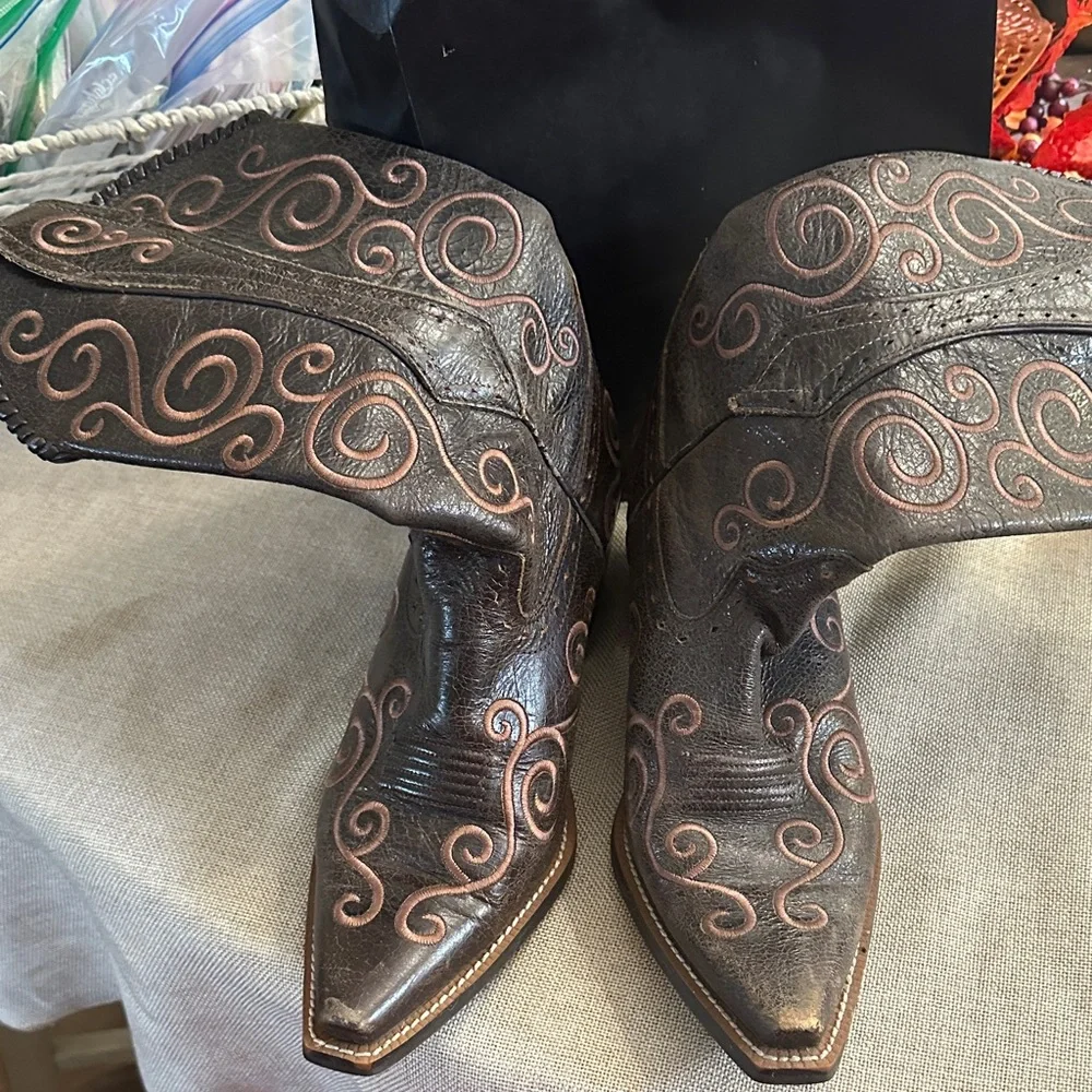 Elegant Dark Brown Embroidered Heeled Boots - Picture 2 of 5